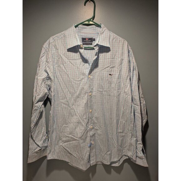 Vineyard Vines Whale Blue Check Button Long Sleeve Cotton Size Large - Picture 1 of 8
